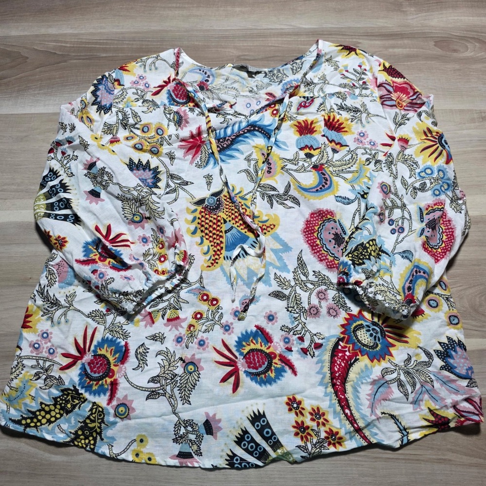 Hester & Orchard Linen‎ Blend Blouse Womens XL White Paisley Floral Boho Top